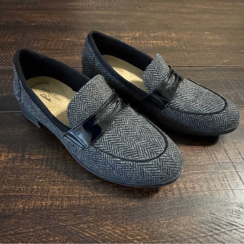 Clarks Juliet Lora Herringbone Penny Loafers Gray Black Size 7 Professional Work